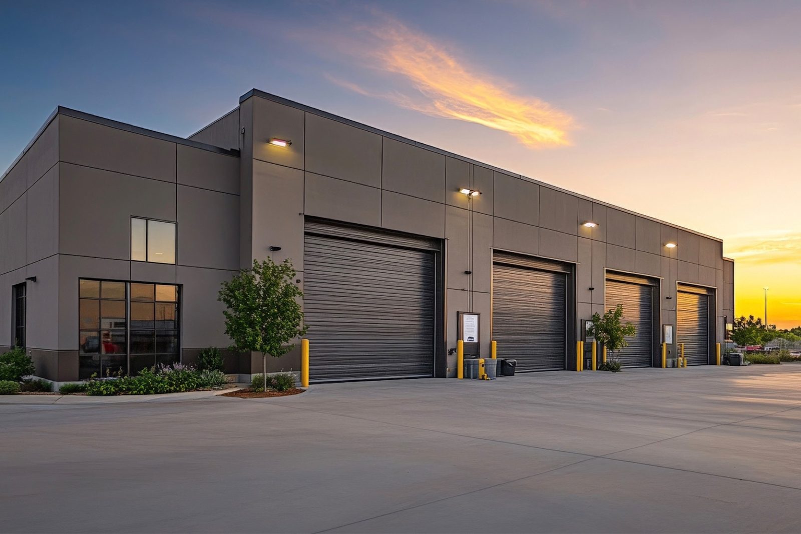 Modern commercial building exterior with multiple bay doors at dusk